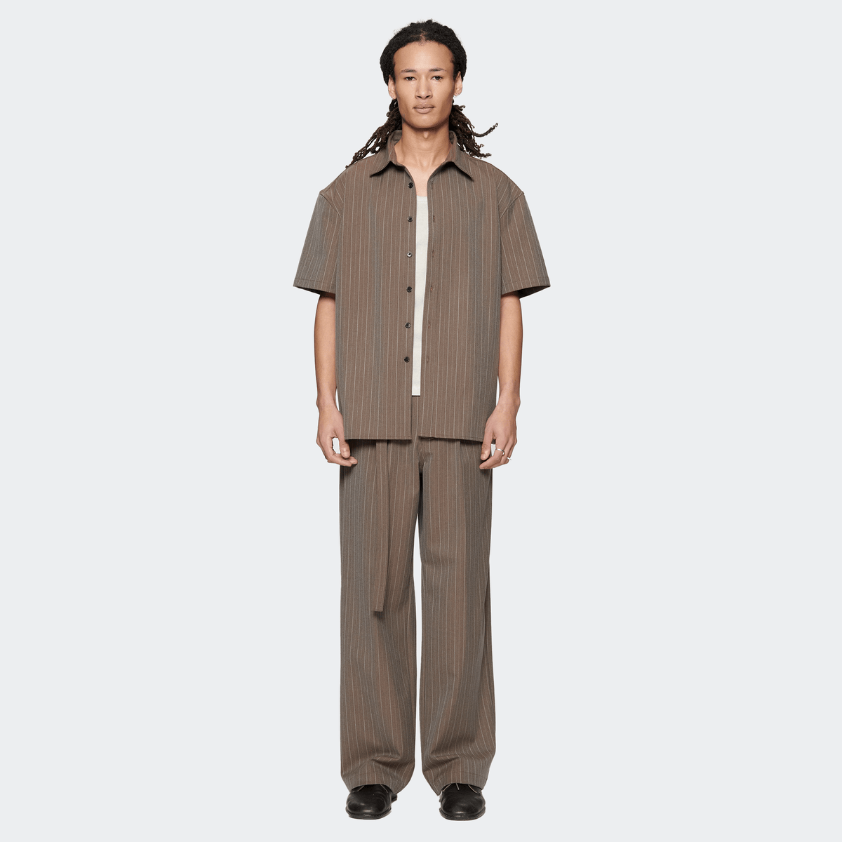 Beach Brains Hold Short Sleeve Shirt - Brown Pinstripe - Beach Brains - State Of Play